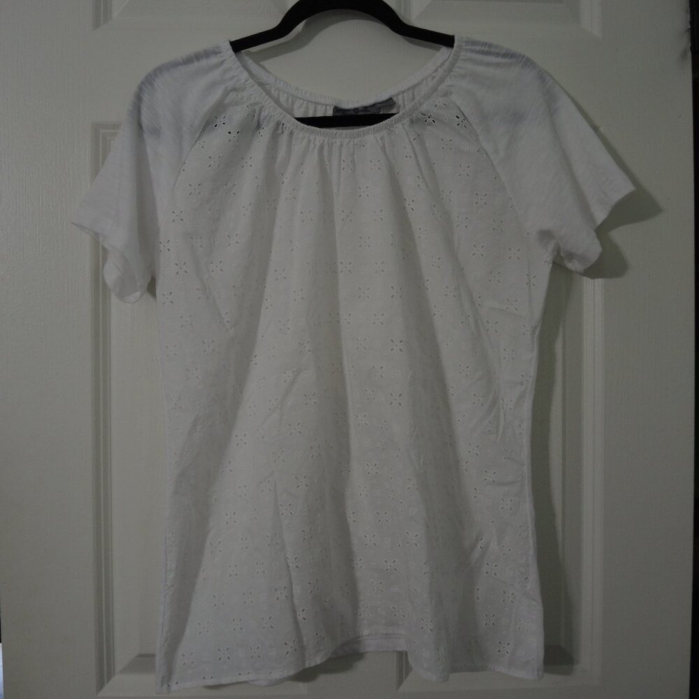 4/$25 Jason Maxwell White Cotton Eyelet Top Short Sleeves Size Large